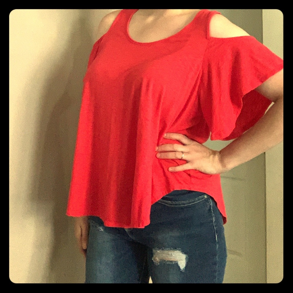 Red cold shoulder express shirt.